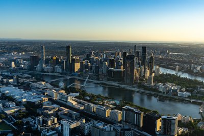 Aerial view over West End, Riverside Drive and the Brisbane River towards Story Bridge.