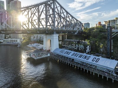 Aerial view of Story Bridge and Felons Brewing Co at Howard Smith Wharves in Brisbane, Queensland.