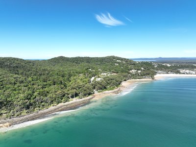 Aerial view of Noosa headland and Little Cove with luxury homes nestled in native forest, the town of Noosa visible in the background.