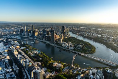 Aerial view over West End, Riverside Drive and the Brisbane River towards Story Bridge.