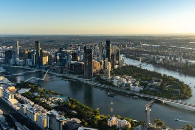 Aerial view over West End, Riverside Drive and the Brisbane River towards Story Bridge.