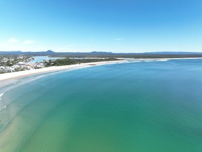 Aerial view of Noosa Main Beach, including the spit and river estuary.