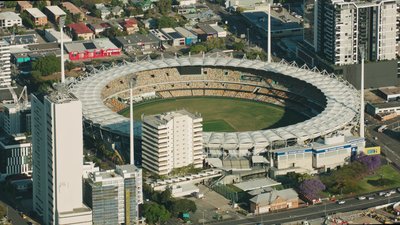 Aerial view of The Gabba cricket stadium packed with spectators in Brisbane, Queensland.