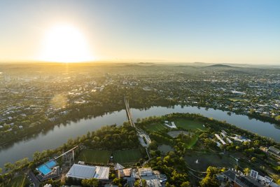 Aerial view of West End, Brisbane at sunset.