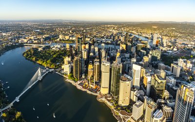 Aerial view over West End, Riverside Drive and the Brisbane River towards Story Bridge.