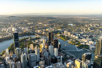 Aerial view over West End, Brisbane's inner-city riverside suburb.