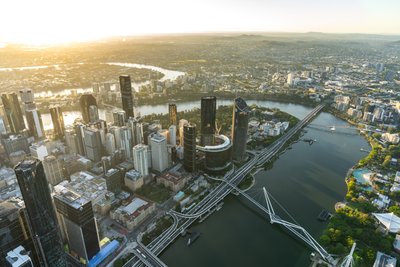 Aerial view over West End, Riverside Drive and the Brisbane River towards Story Bridge.