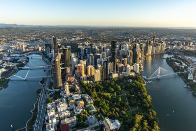 Aerial view over West End, Riverside Drive and the Brisbane River towards Story Bridge.
