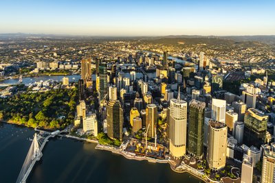 Aerial view over West End, Riverside Drive and the Brisbane River in Queensland.