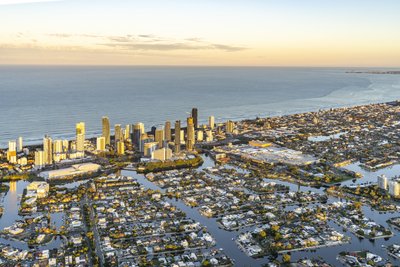 Aerial view of Gold Coast from Broadbeach looking north with extensive canal waterways below.