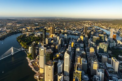 Aerial view over West End, Riverside Drive and the Brisbane skyline.