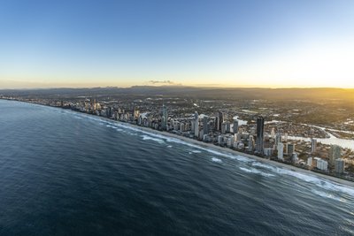 Aerial morning view of the Gold Coast coastline looking north from Broadbeach with Surfers Paradise beyond.