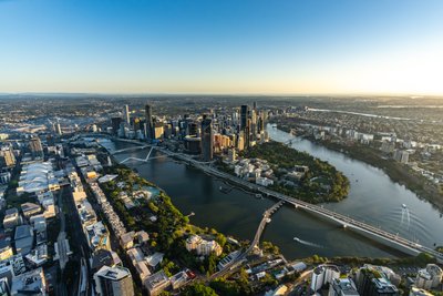 Aerial view over West End, Riverside Drive and the Brisbane River towards Story Bridge.