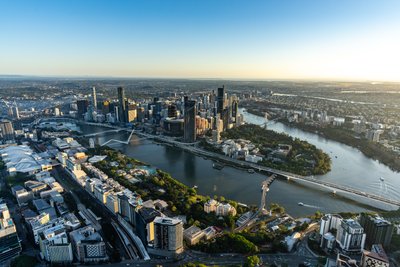 Aerial view over West End, Riverside Drive and the Brisbane River towards Story Bridge.