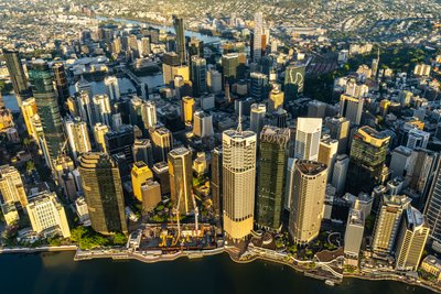 Aerial view over West End, Riverside Drive and the Brisbane River in Queensland.