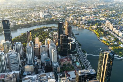 Aerial view of West End, Brisbane's vibrant riverside district.