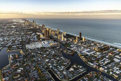 Aerial view of Gold Coast looking south with Broadbeach and Surfers Paradise coastal skyline.