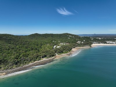 Aerial drone view of Noosa Headland, showing Little Cove and residential homes among the trees with a glimpse of the town.