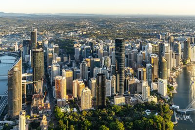 Aerial view over West End, Riverside Drive and the Brisbane River in Queensland.