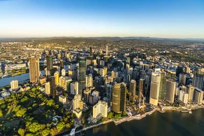 Aerial view over West End, Riverside Drive and the Brisbane River in Queensland.
