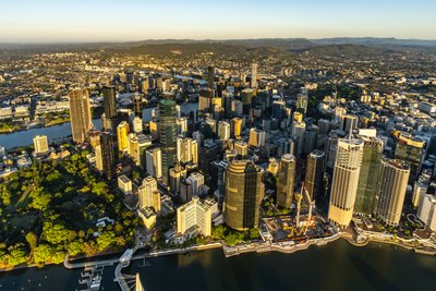 Aerial view over West End, Riverside Drive and the Brisbane skyline.